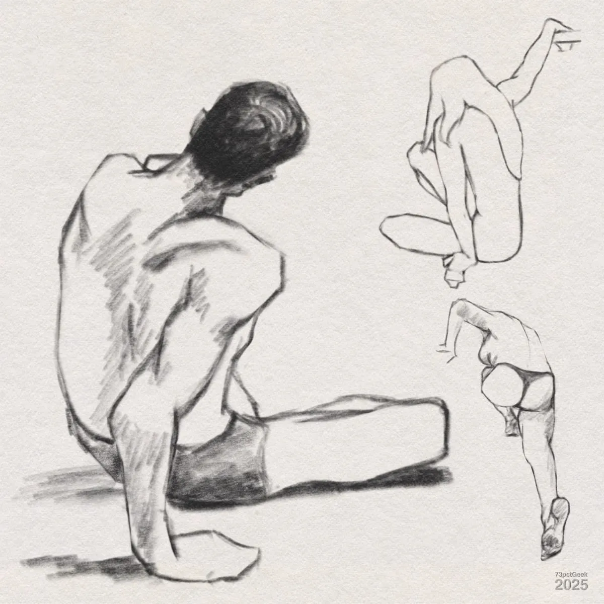 Digital graphite sketches of three different people in various poses.