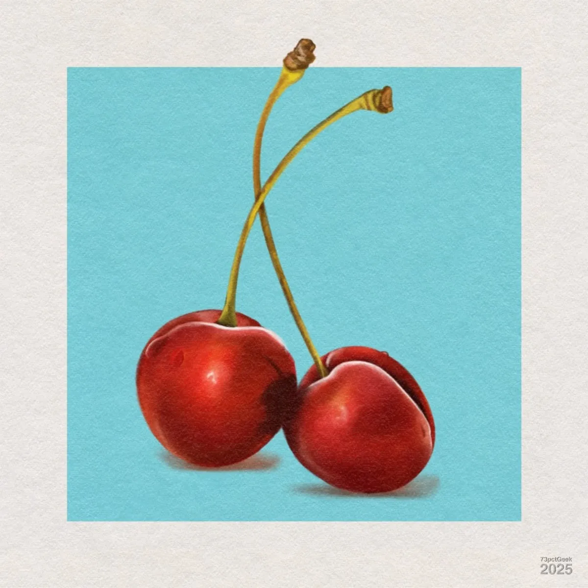 Digital gouache of two red cherries with stems against a blue background.