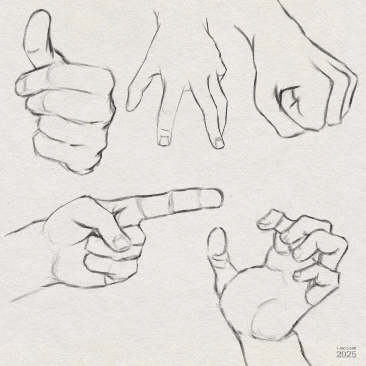 Digital graphite sketches of five different hands in various poses.