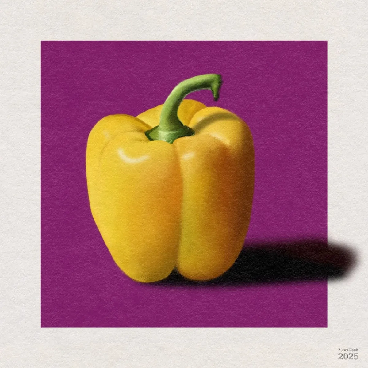 Digital gouache of a yellow paprika/ bell pepper with green stalk against a dark plum background.