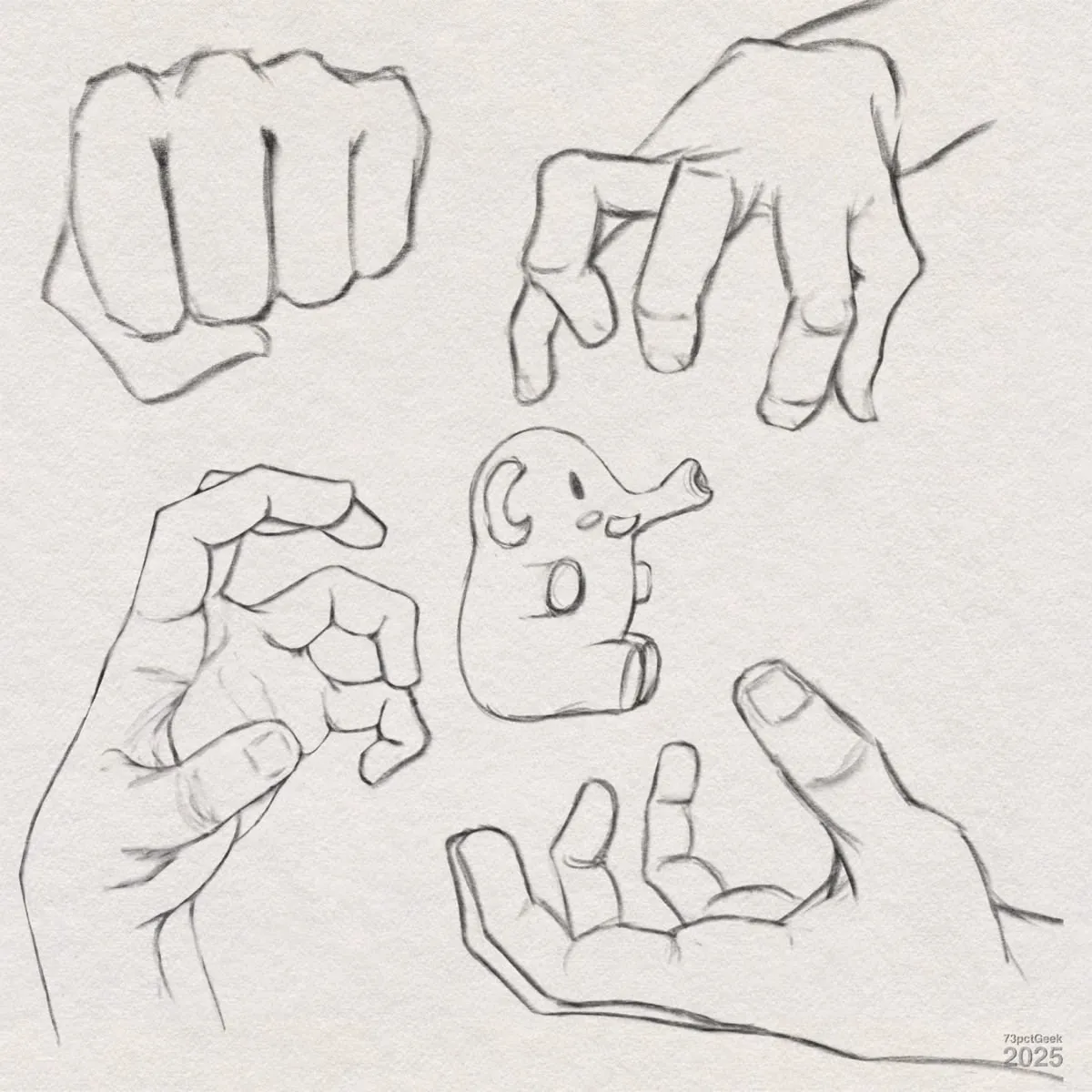 Digital graphite sketches of four different hands in various poses, and a smol plushtodon.