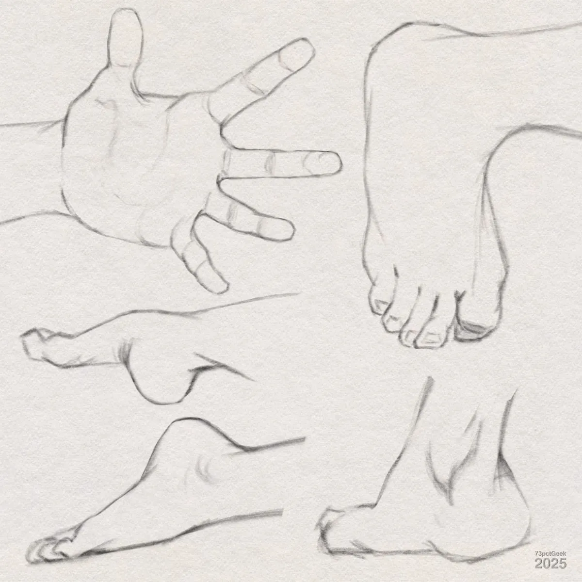 Digital graphite sketches of four different feet in various poses, and a hand outstretched, palm facing viewer.