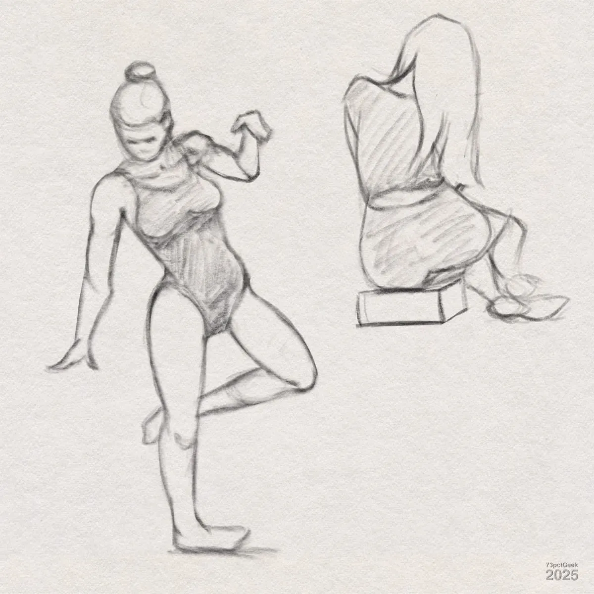 Digital sketches of two female-bodied figures, one standing one one leg, the other sitting facing away from the viewer.