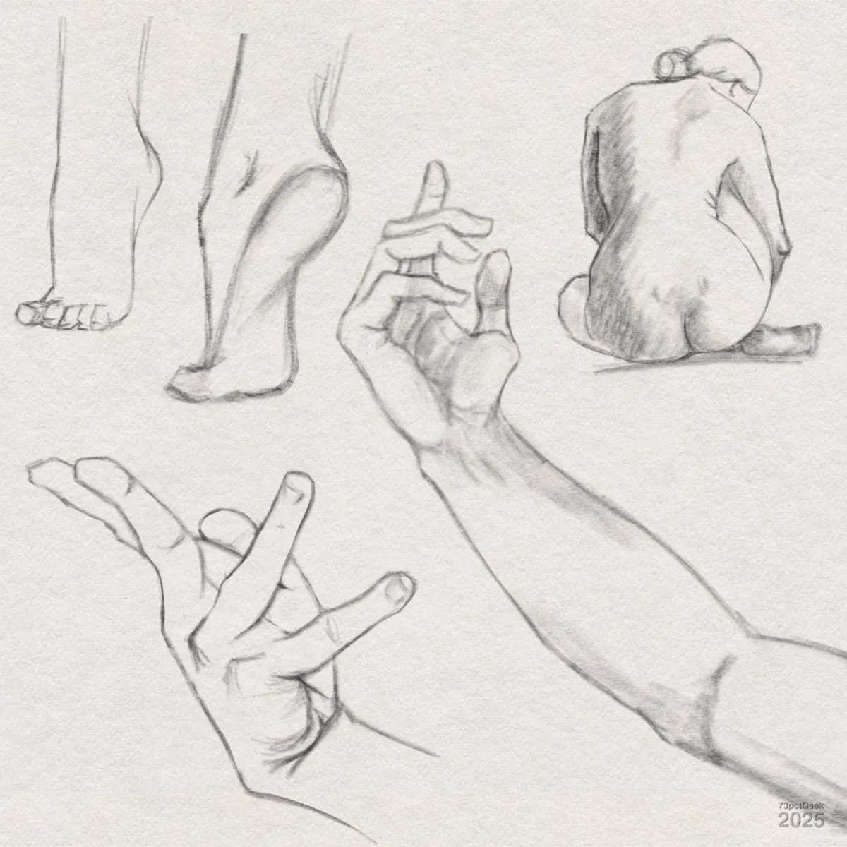 Digital graphite sketches of two different feet, and hands in various poses, and a sitting woman, her back towards the viewer.