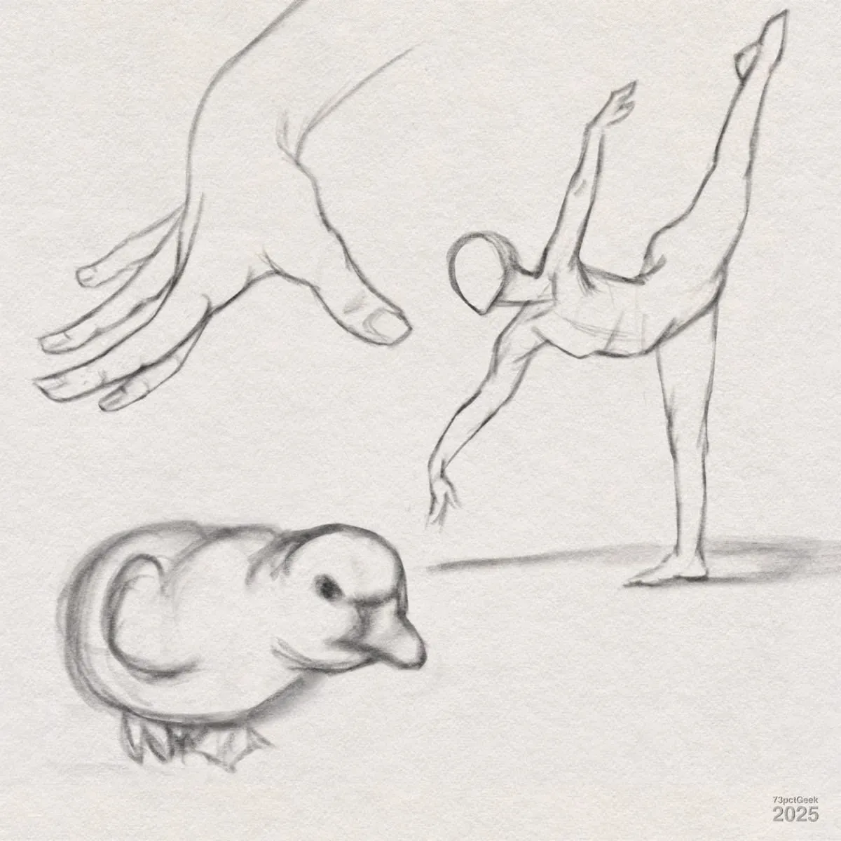 Digital sketches a hand, a female bodied figure in a penché, and a small gosling-like baby bird.