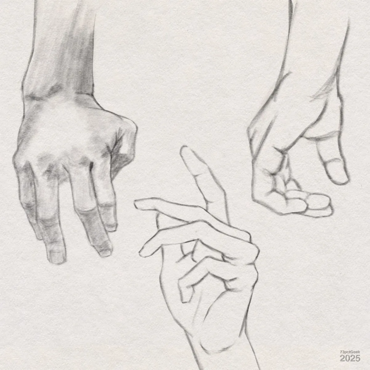 Digital graphite sketches of three different hands in various poses, one is shaded.