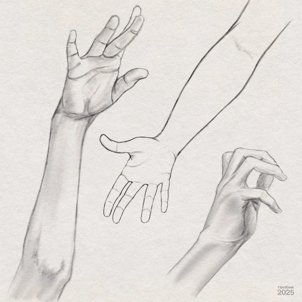 Digital sketches of three different hands and forearms, two are shaded.