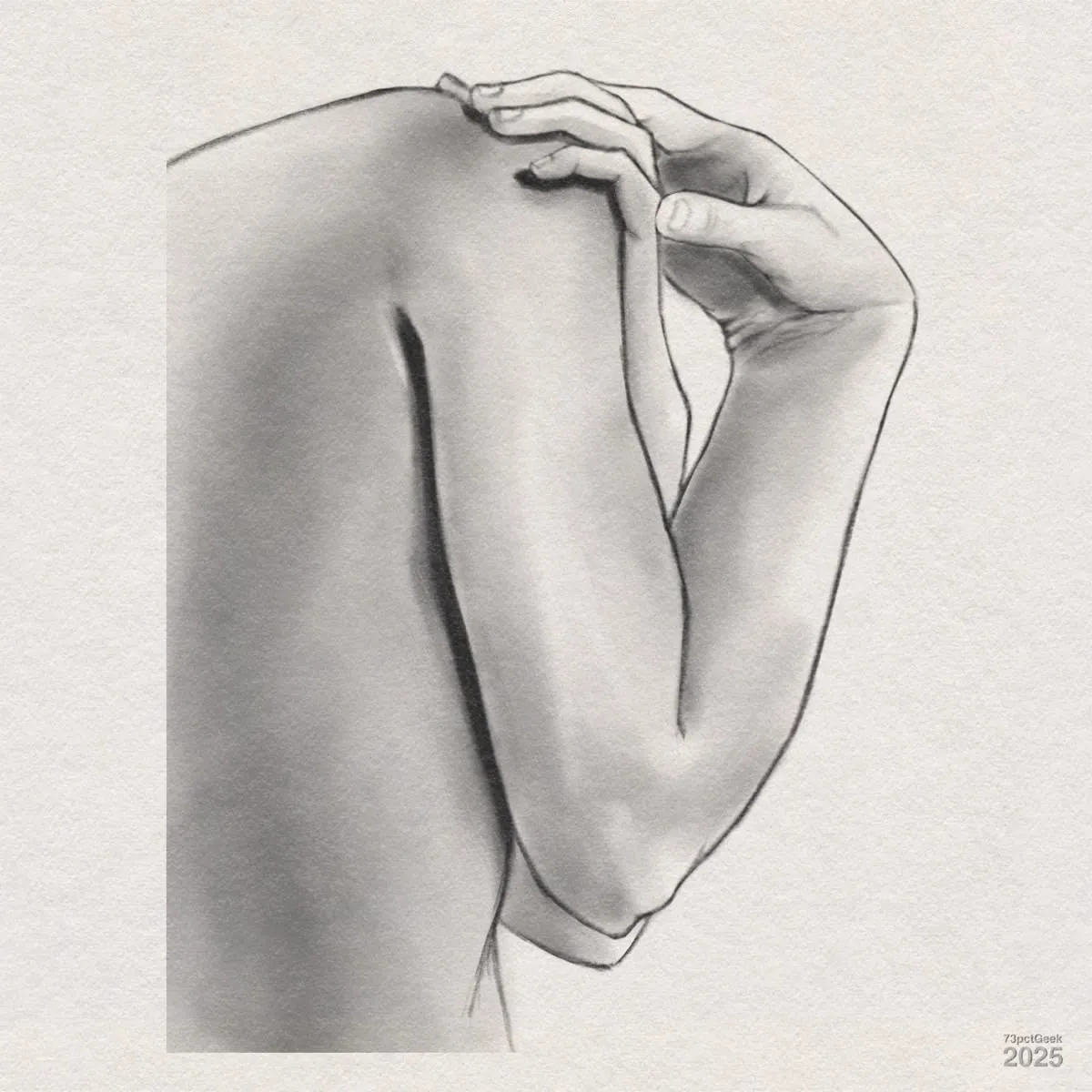 Study in digital graphite of part of a female-bodied torso, arms and hands.