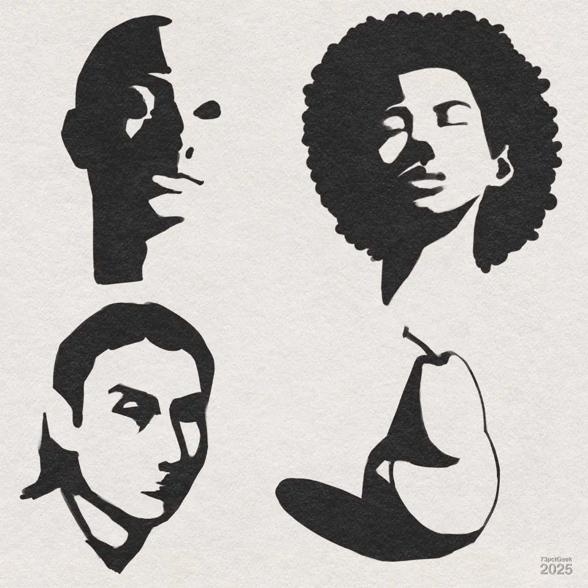 Digital value studies of three heads and a pear.