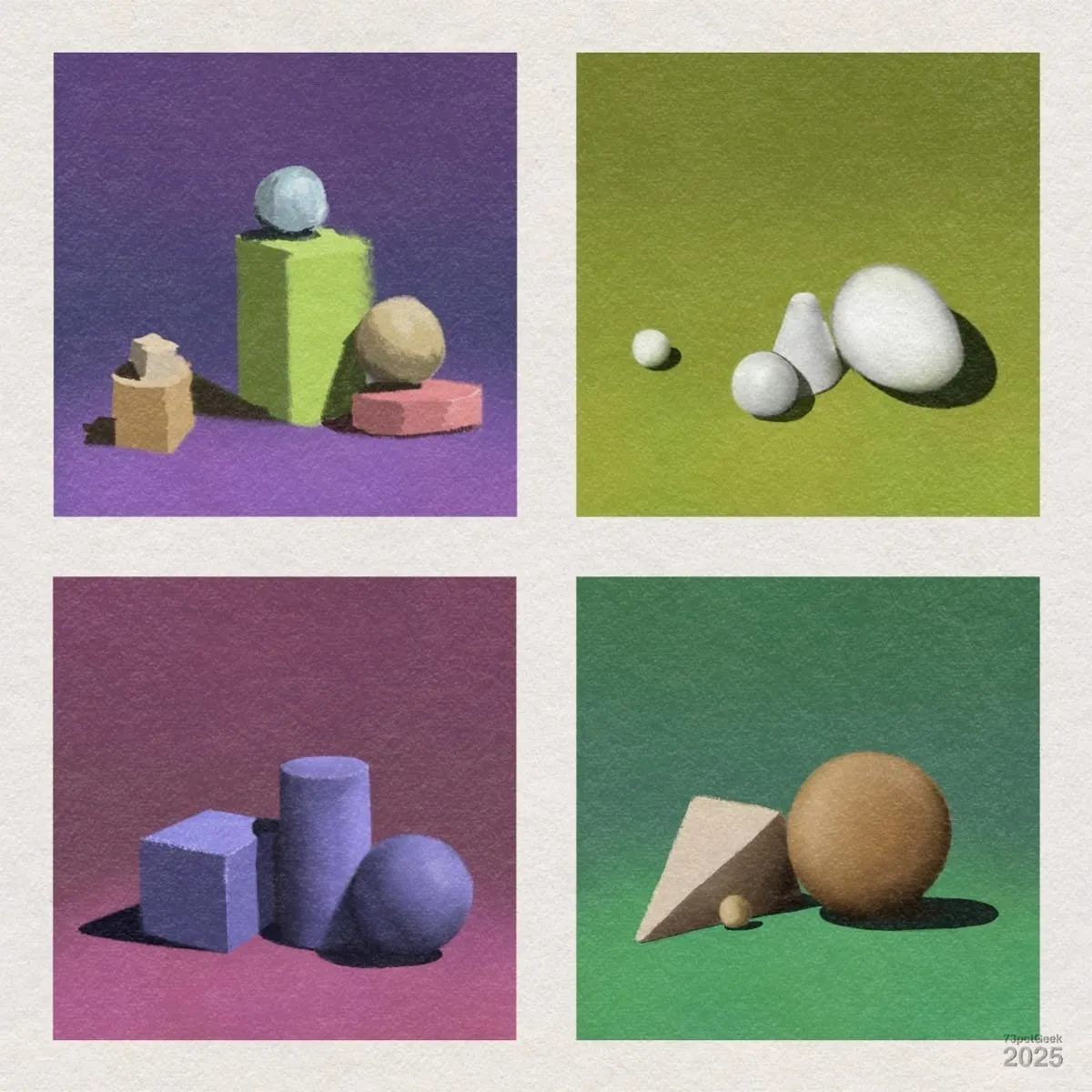Digital pastels studies of basic shapes, spheres, cylinders, rectangles, etc.