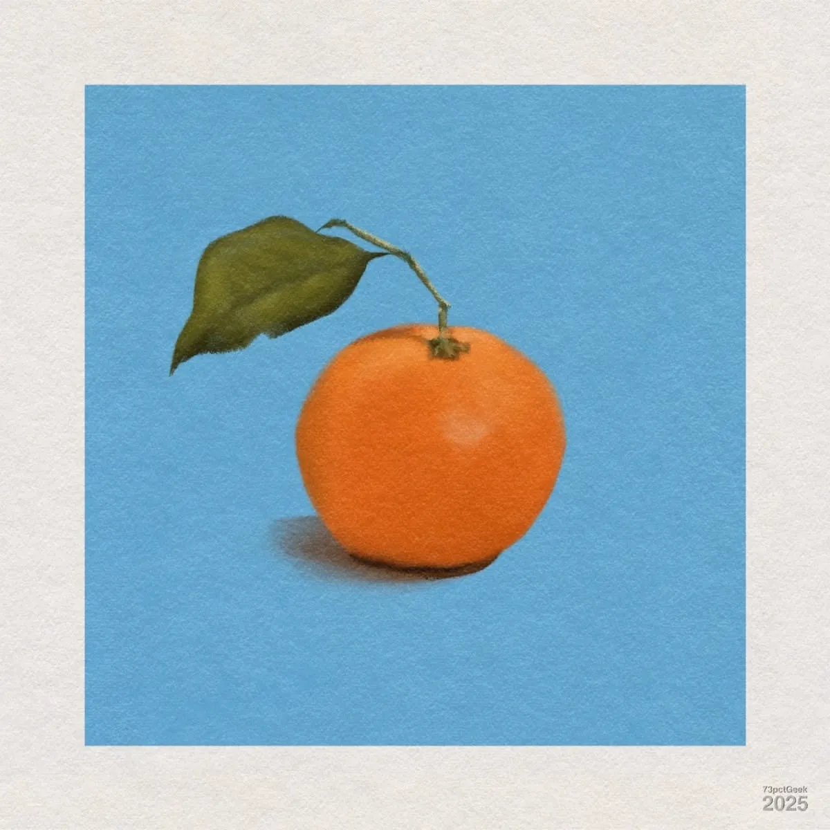 Digital pastels sketch of a tangerine with a stem and a leaf against a blue background.