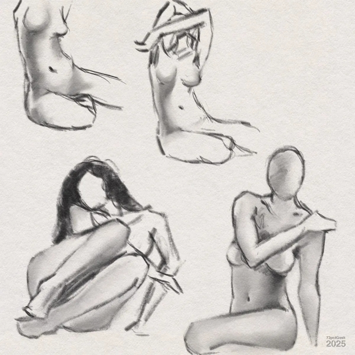 Digital charcoal sketches of four different figures.
