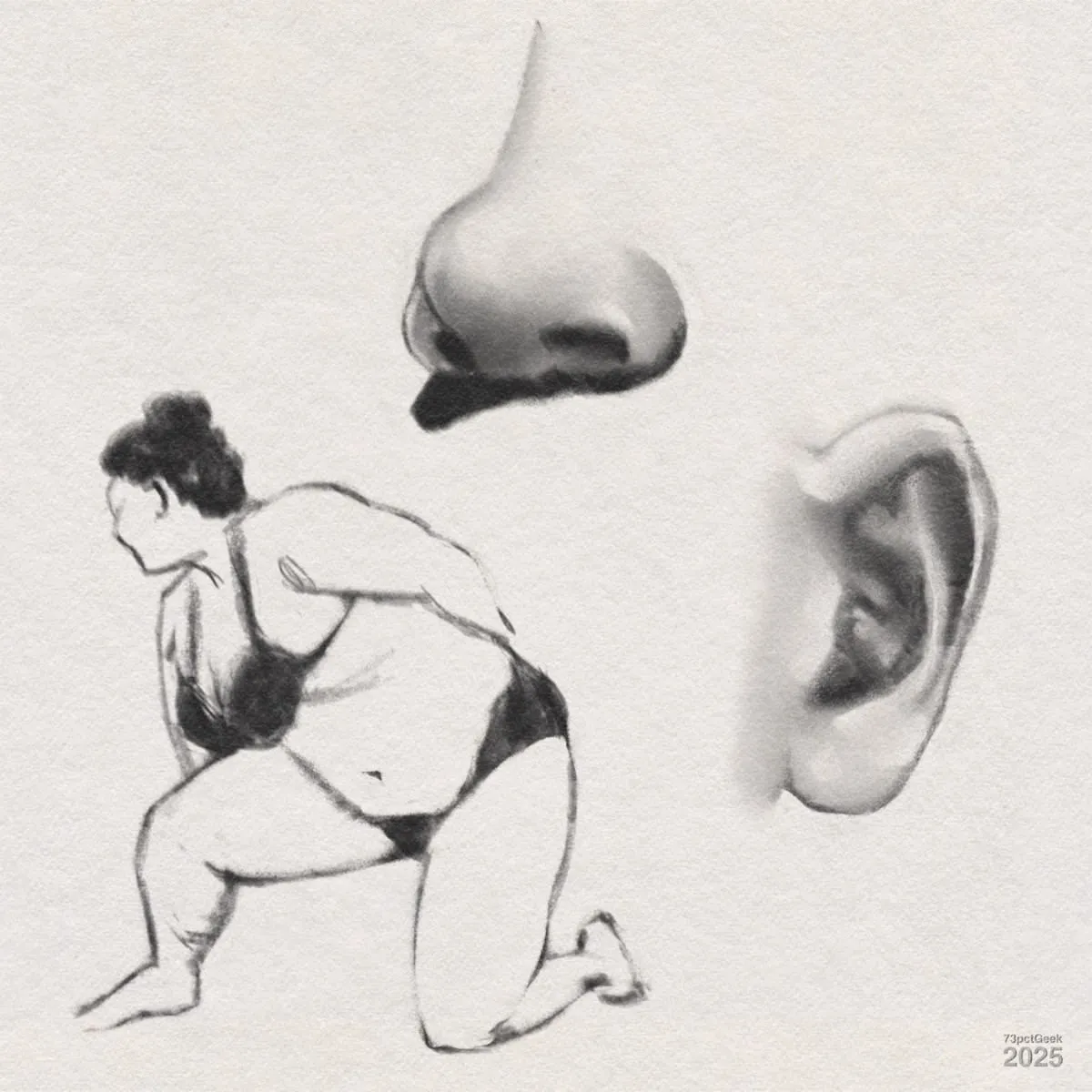 Digital charcoal sketches of a woman’s figure, an ear, and a nose.