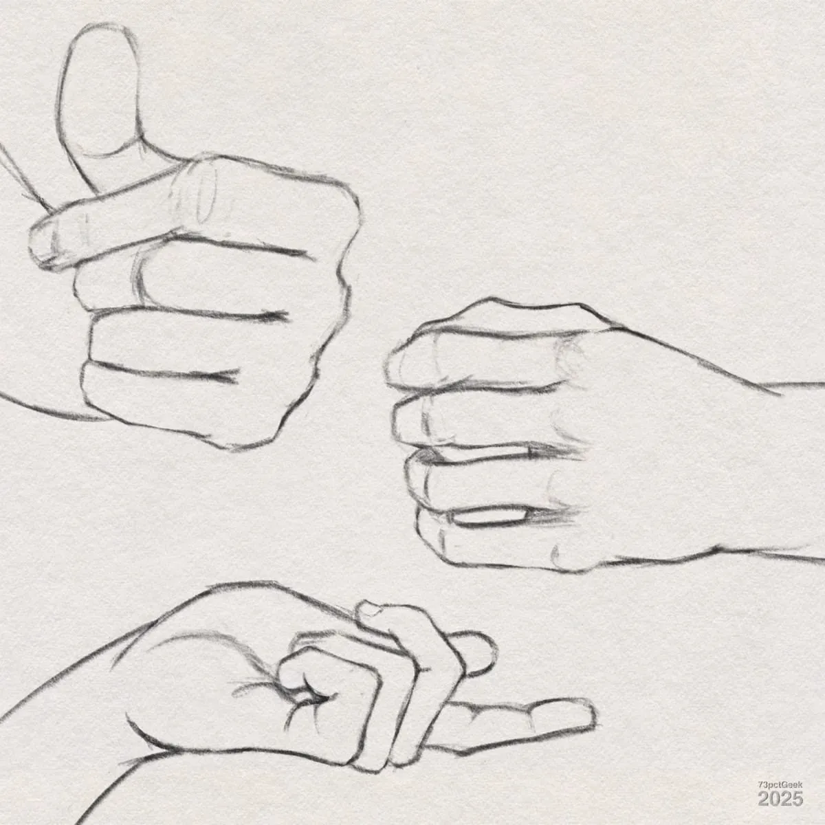 Digital graphite sketches of three different hands.
