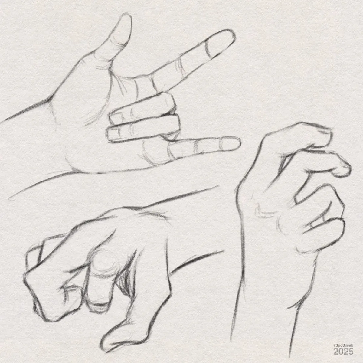 Digital graphite sketches of three different hands