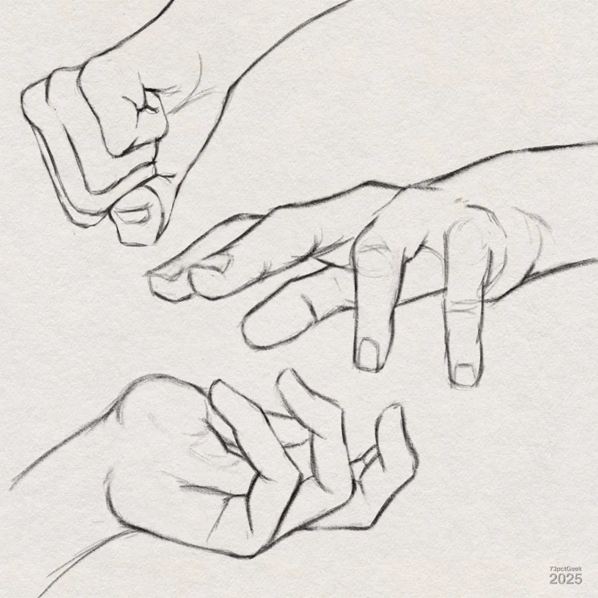 Digital graphite sketches of three different hands.