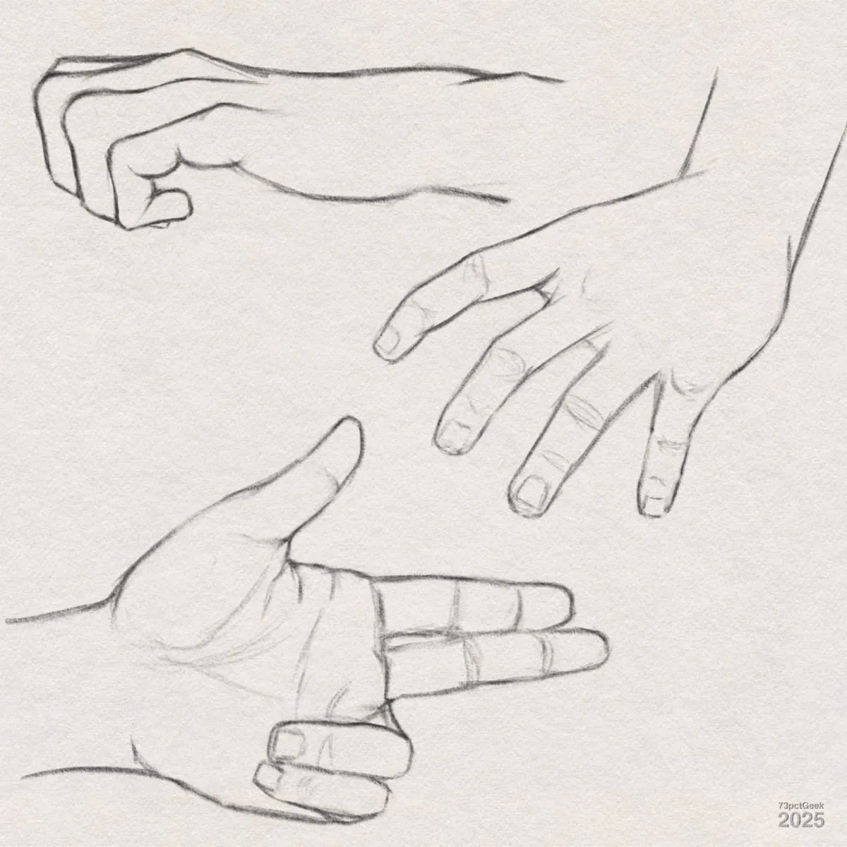 Digital graphite sketches of three different hands.