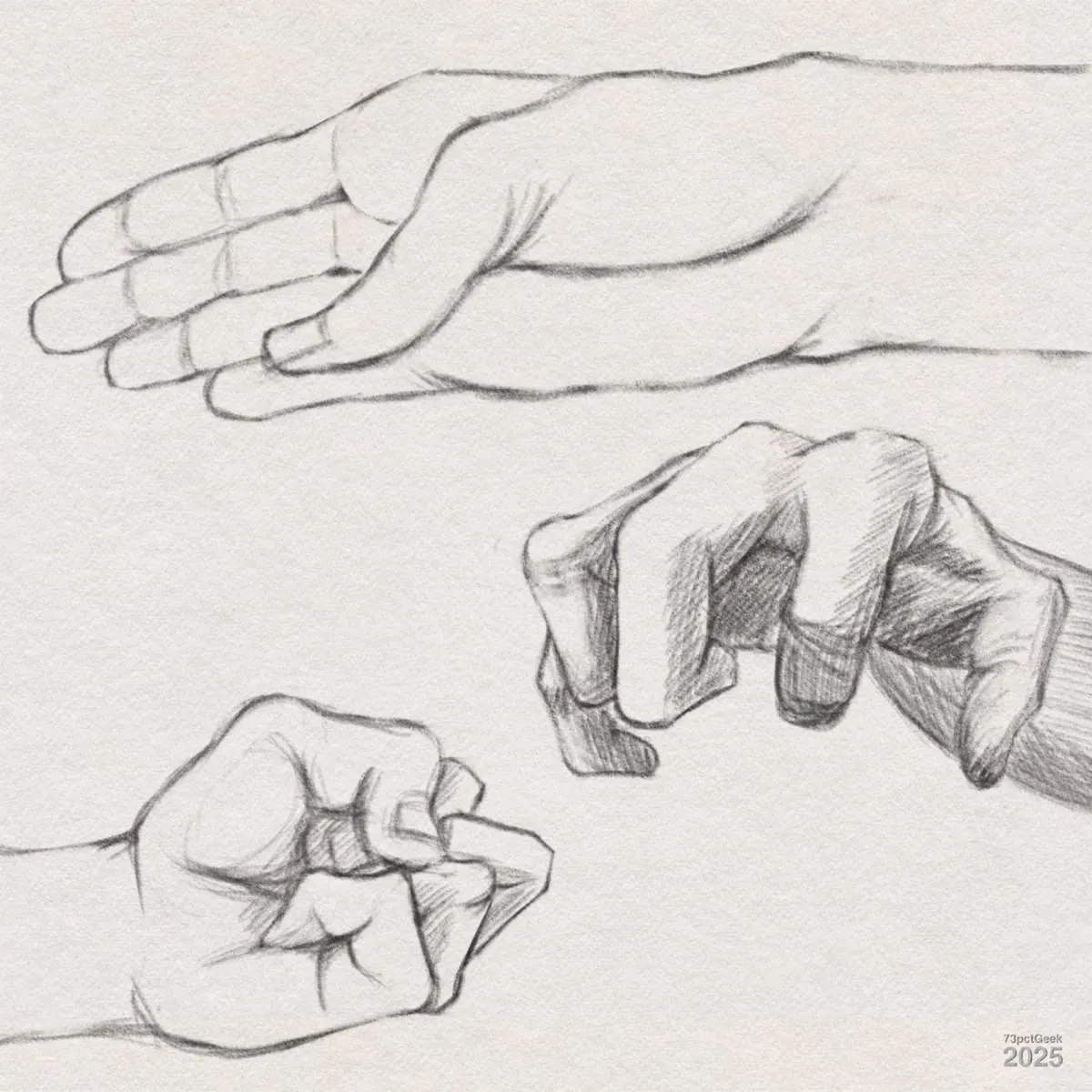 Digital graphite sketches of three different hands.
