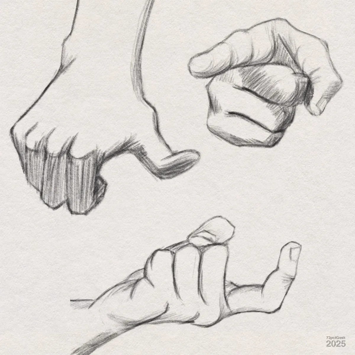 Digital graphite sketches of three different hands.