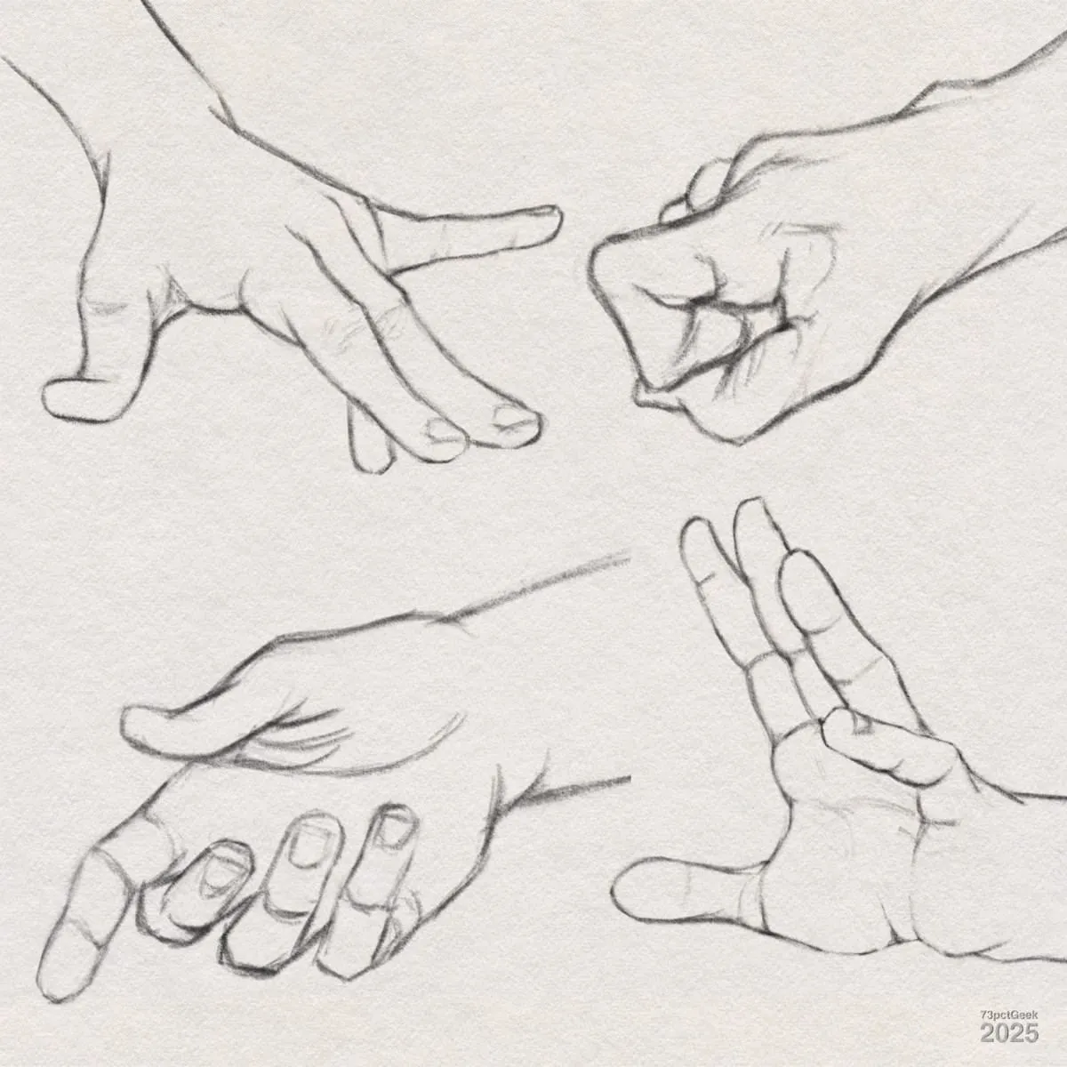 Digital graphite sketches of four different hands.