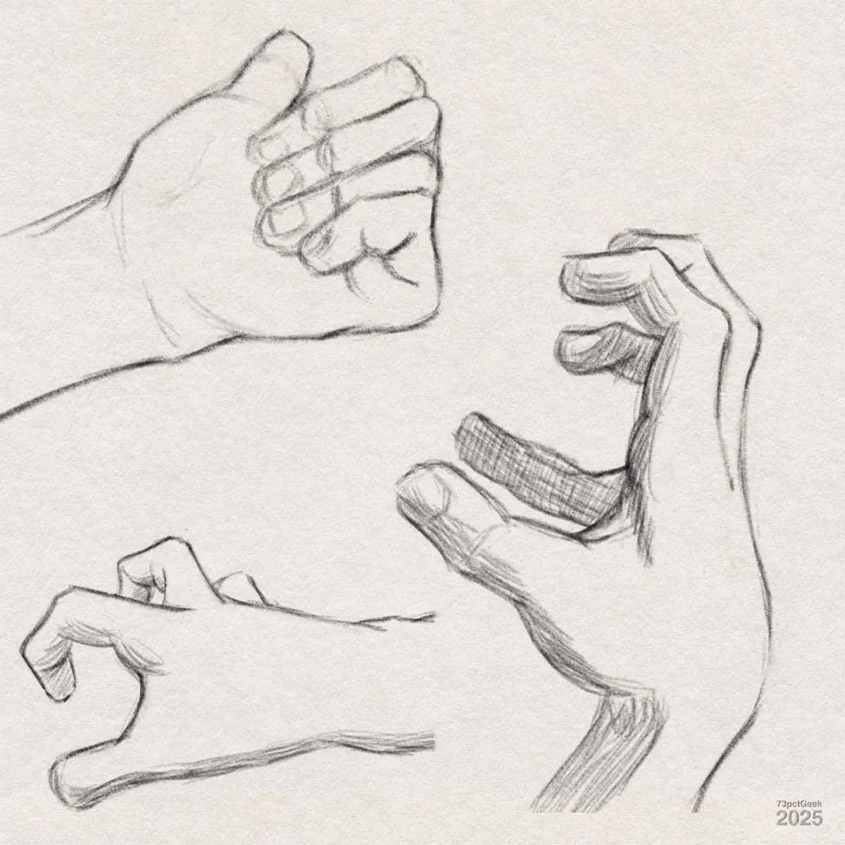 Digital graphite sketches of three different hands.