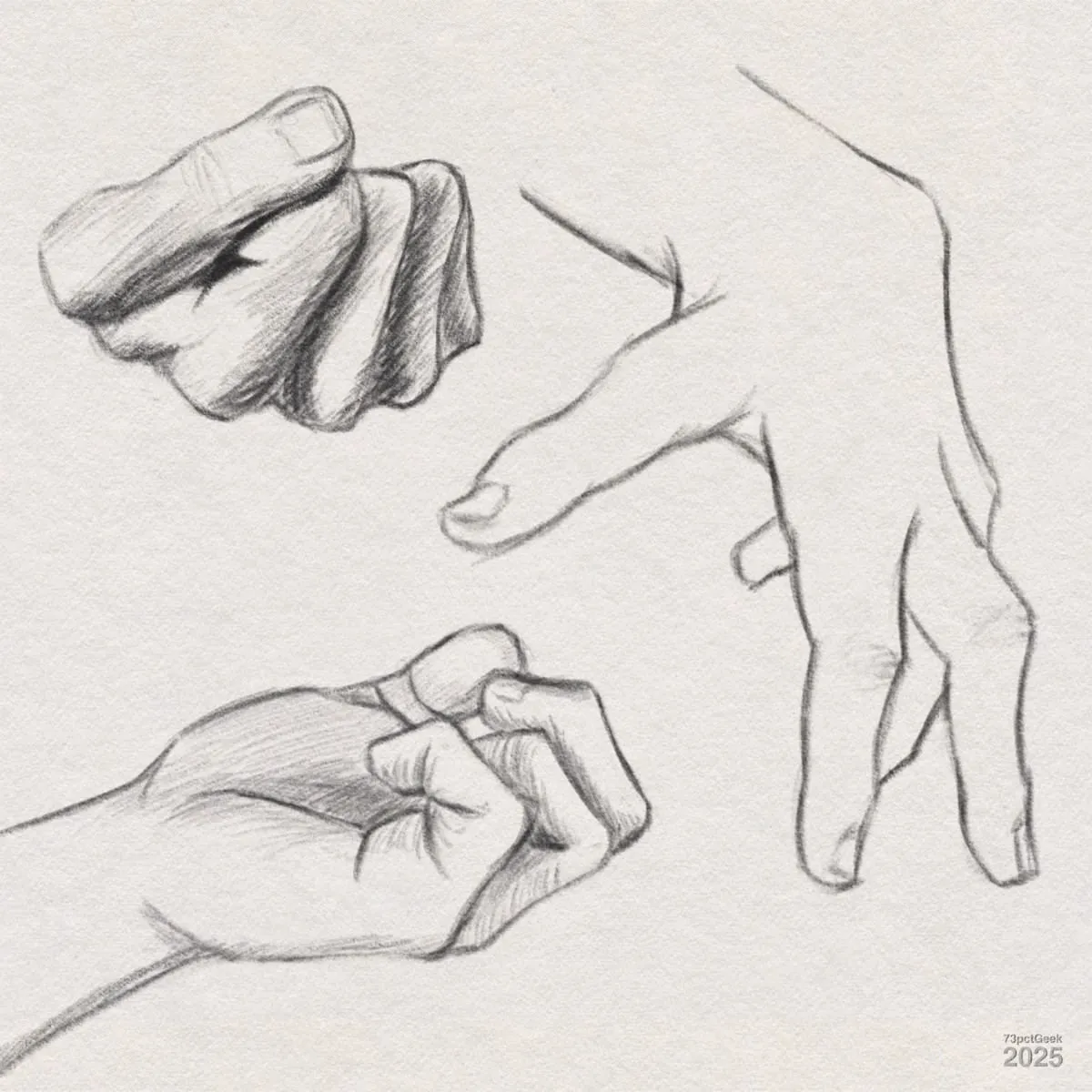 Digital graphite sketches of three different hands.