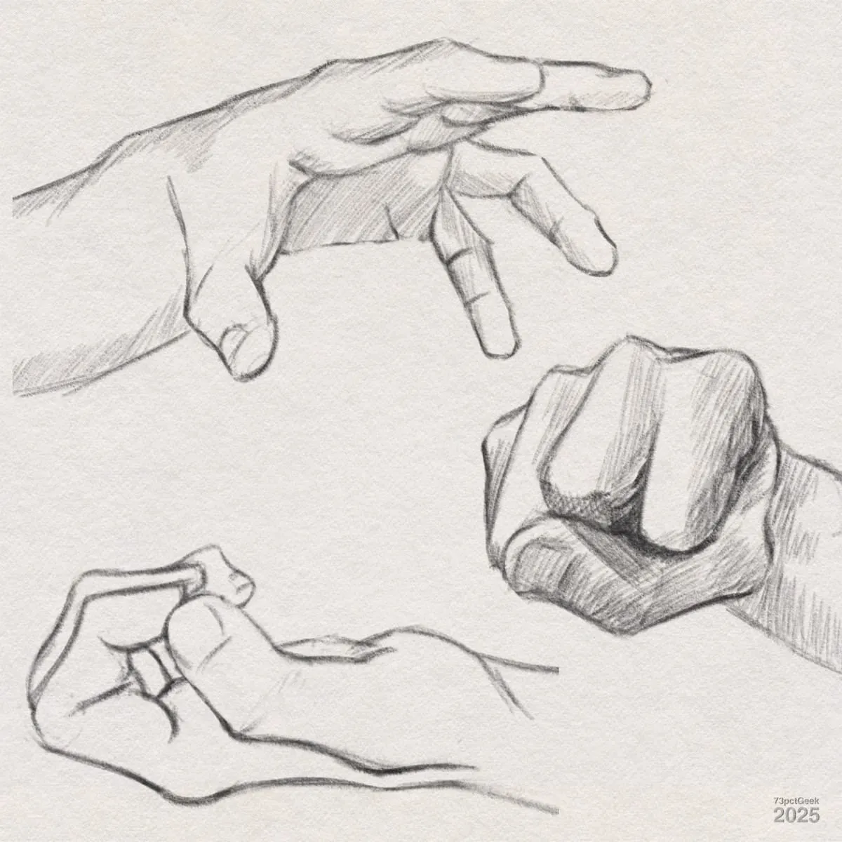 Digital graphite sketches of three different hands