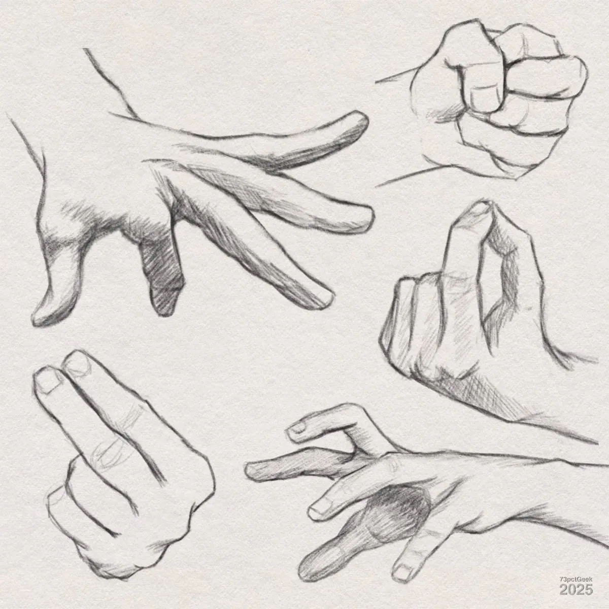 Digital graphite sketches of five different hands.