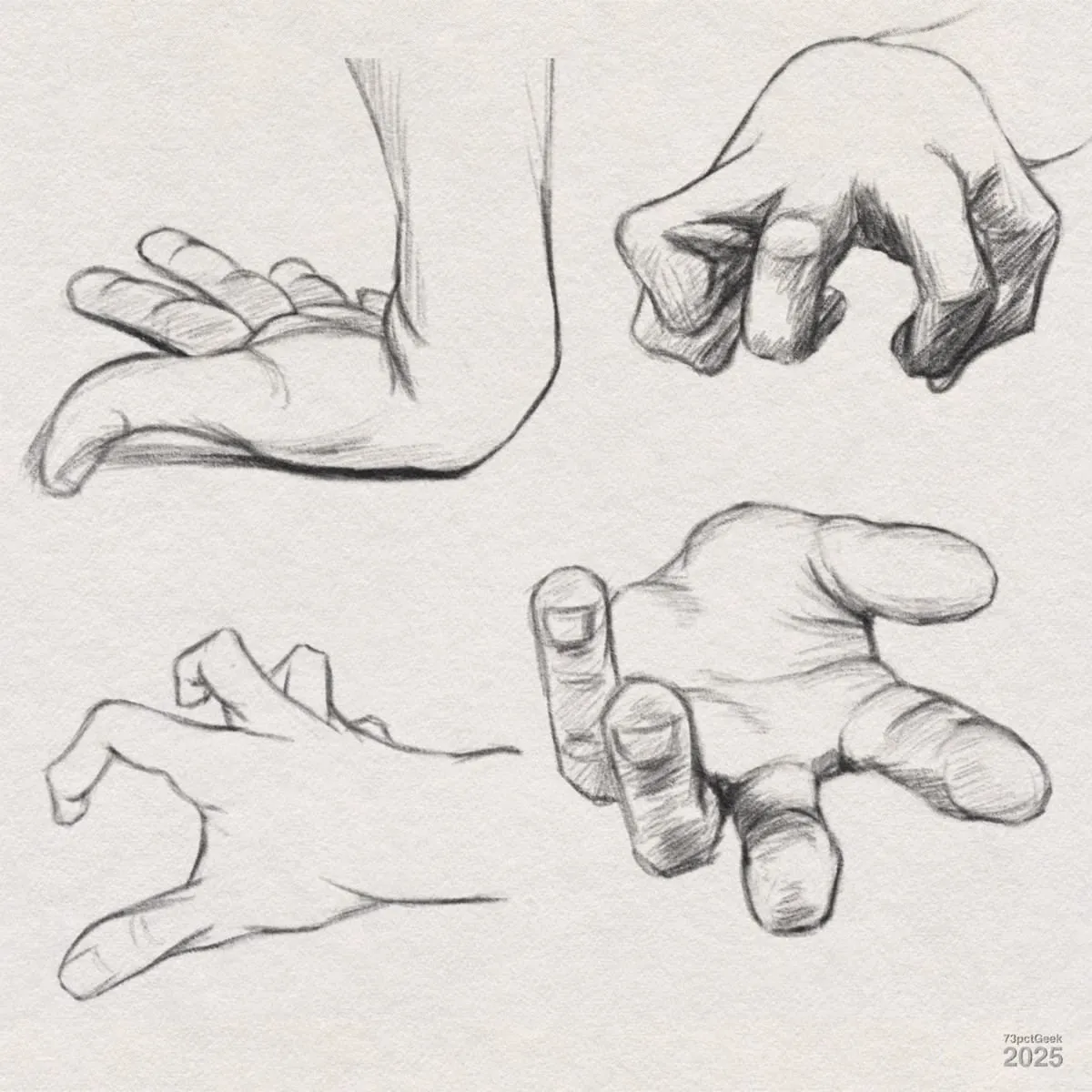 Digital graphite sketches of four different hands.
