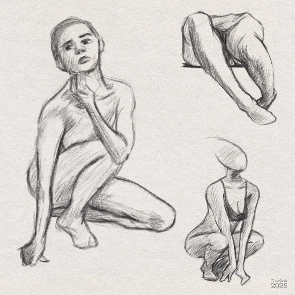 Digital graphite sketches of three female figures.