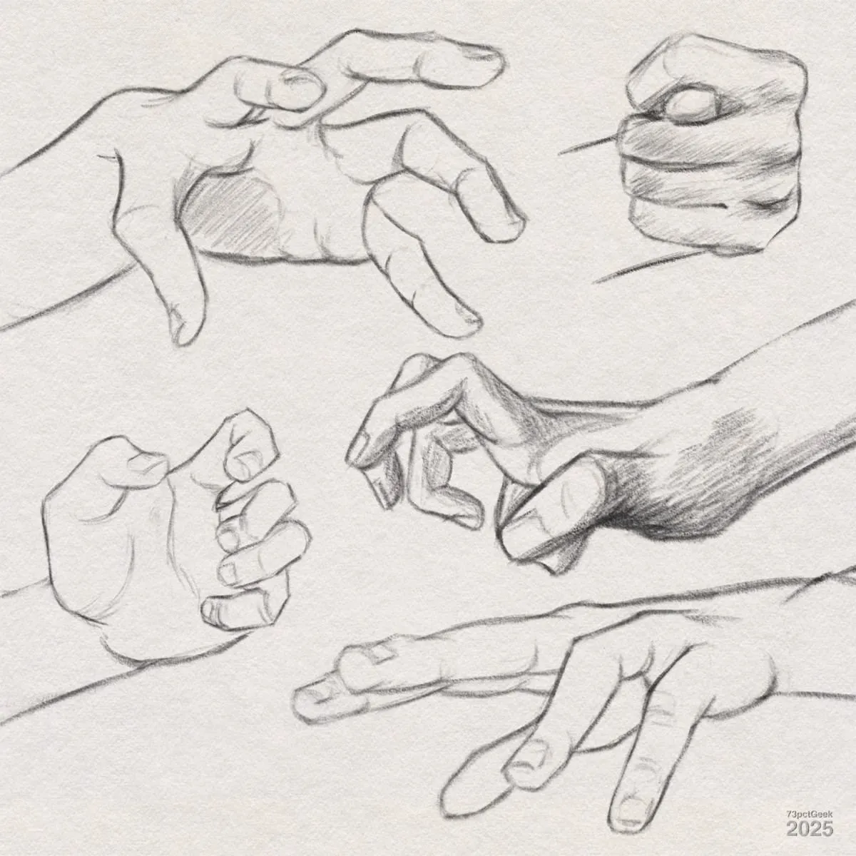 Digital graphite sketches of five different hands.