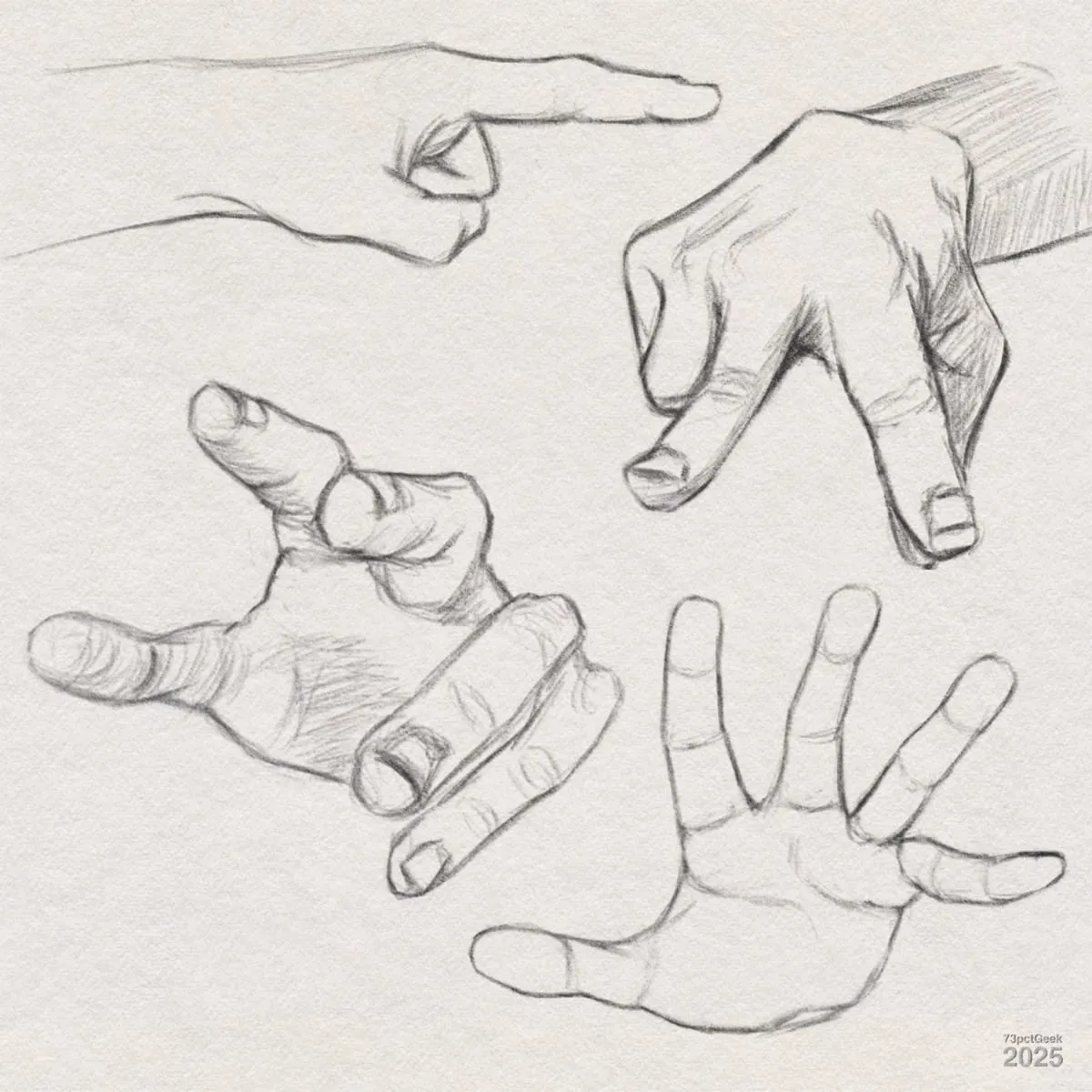 Digital graphite sketches of four different hands.