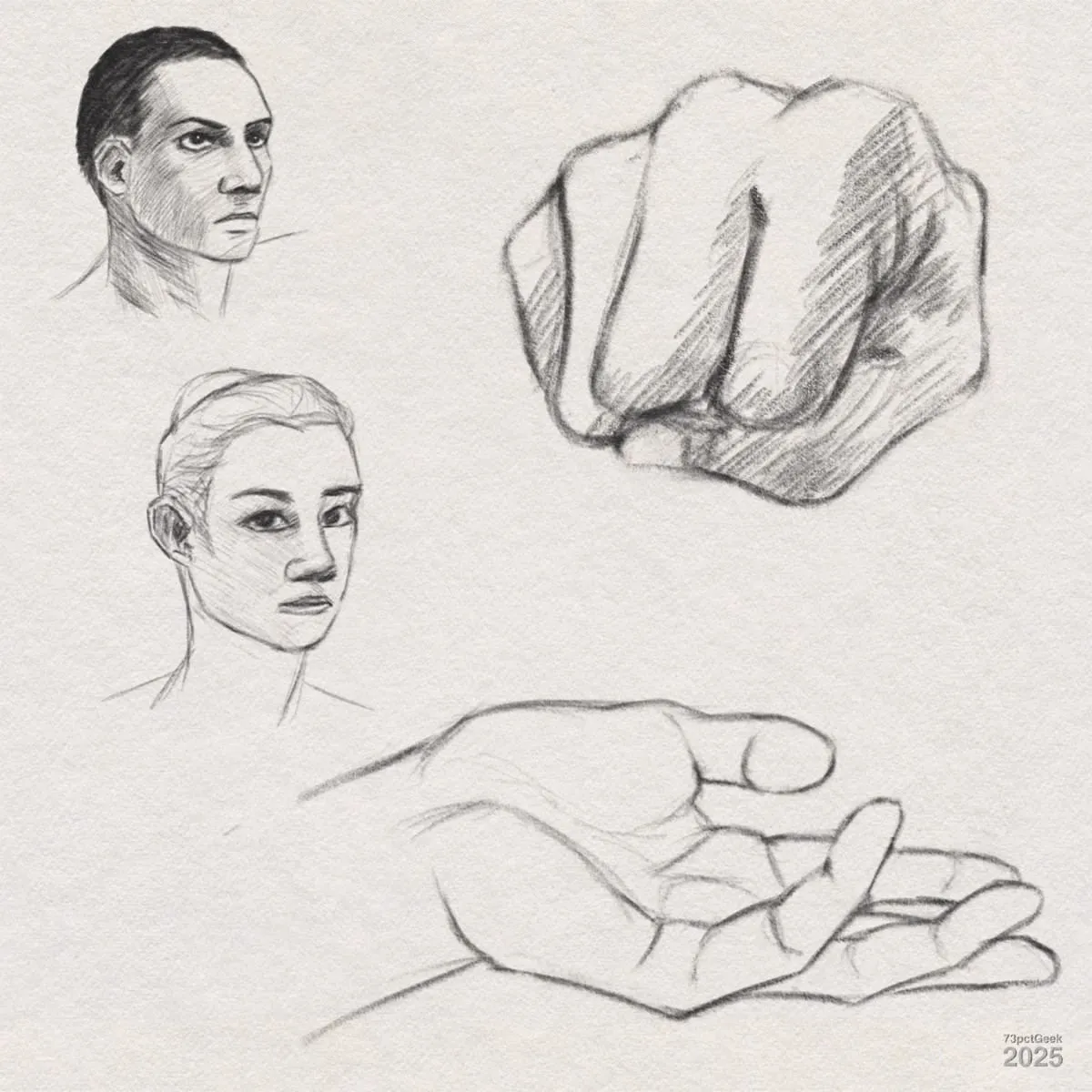 Digital graphite sketches of two different hands, and two different heads.