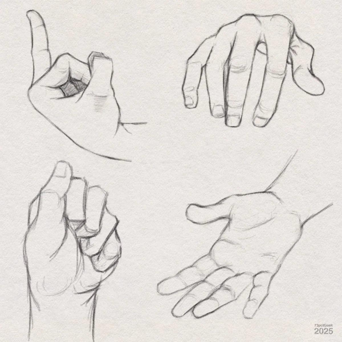 Digital graphite sketches of four different hands.