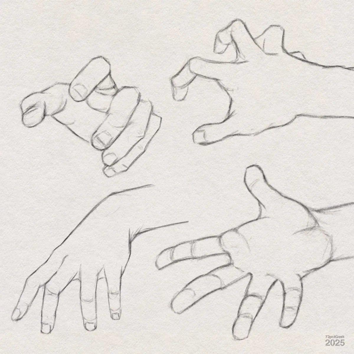 Digital graphite sketches of four different hands.