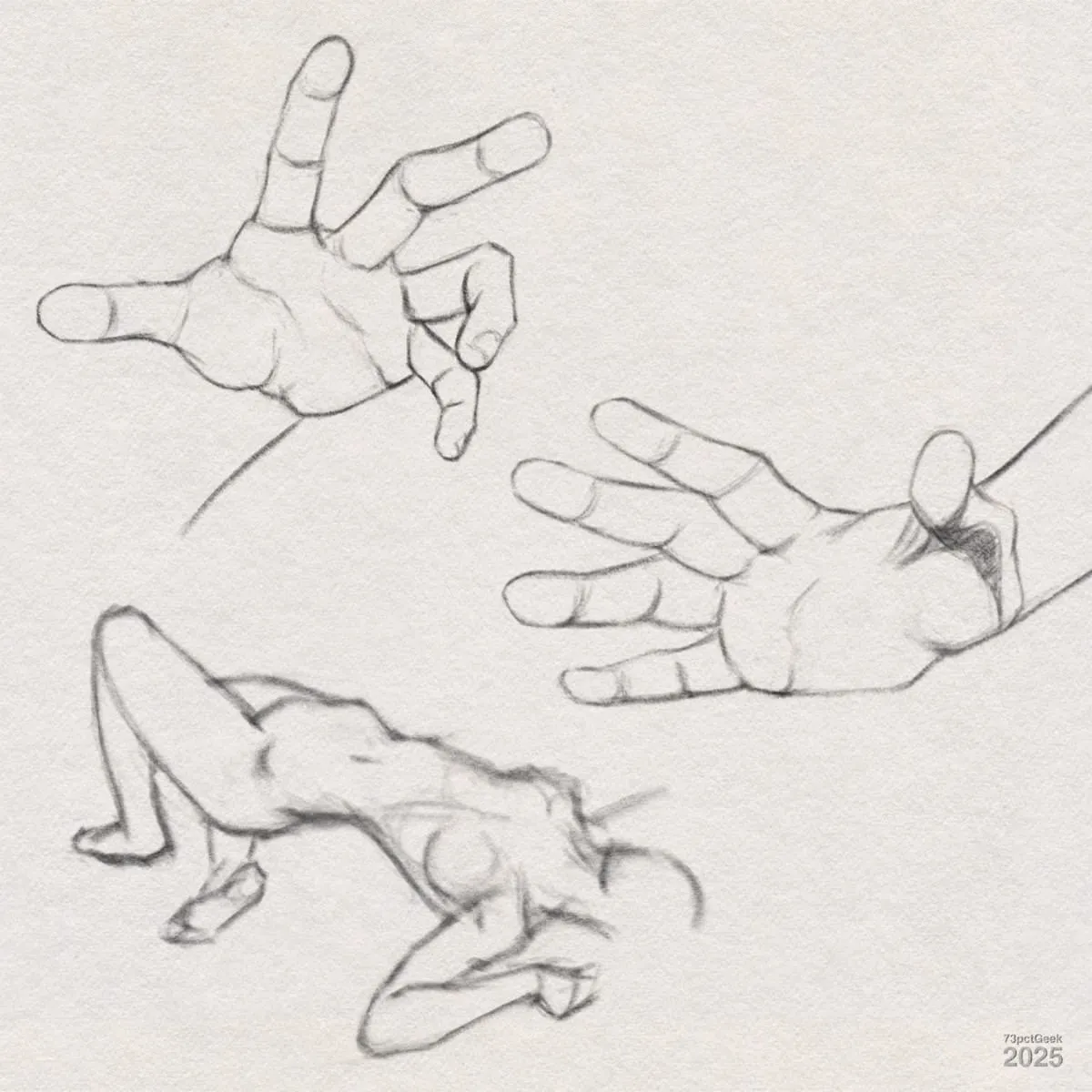 Digital graphite sketches of two hands and a figure.