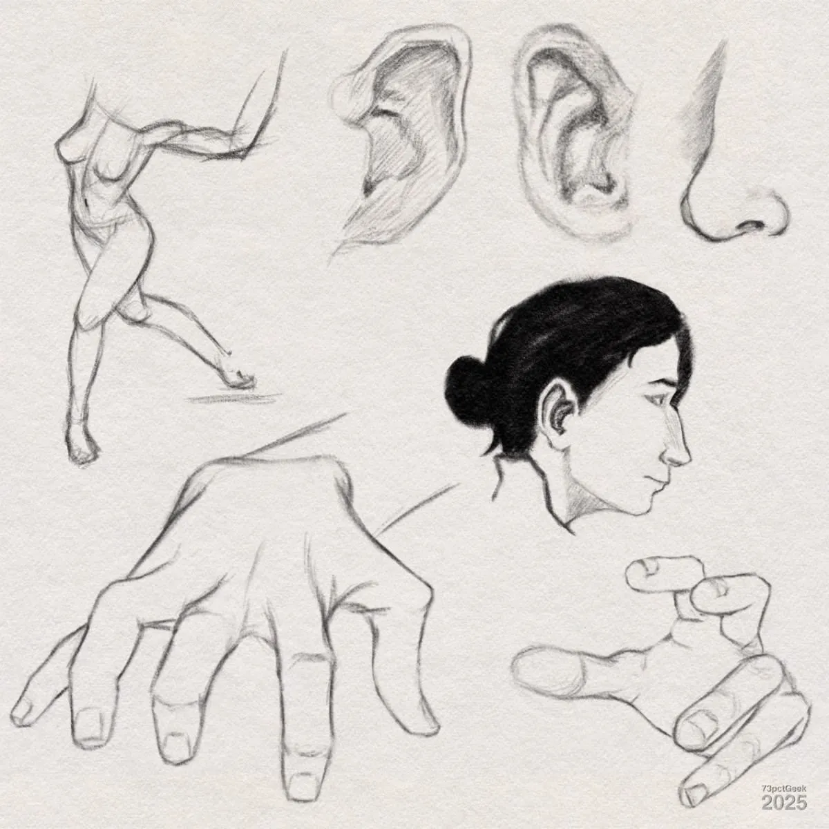 Digital graphite sketches of a figure, two different ears, a nose, two different hands and a head in profile.