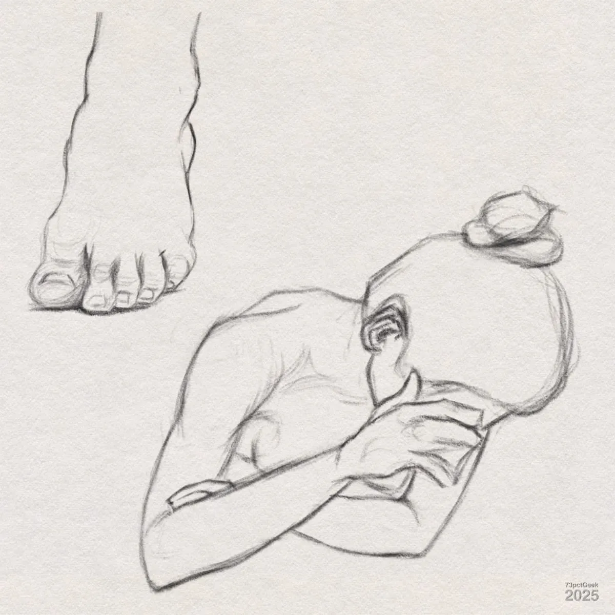 Digital graphite sketch of a foot, and a figure.
