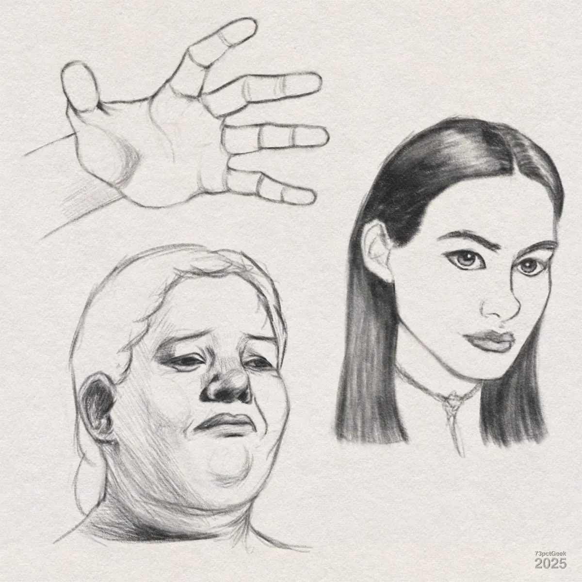 Digital graphite sketches of a hand, and two heads.