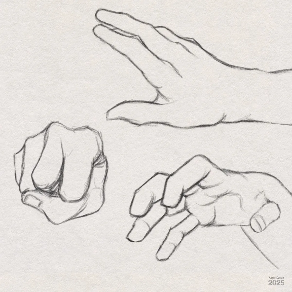 Digital graphite sketches of three different hands.