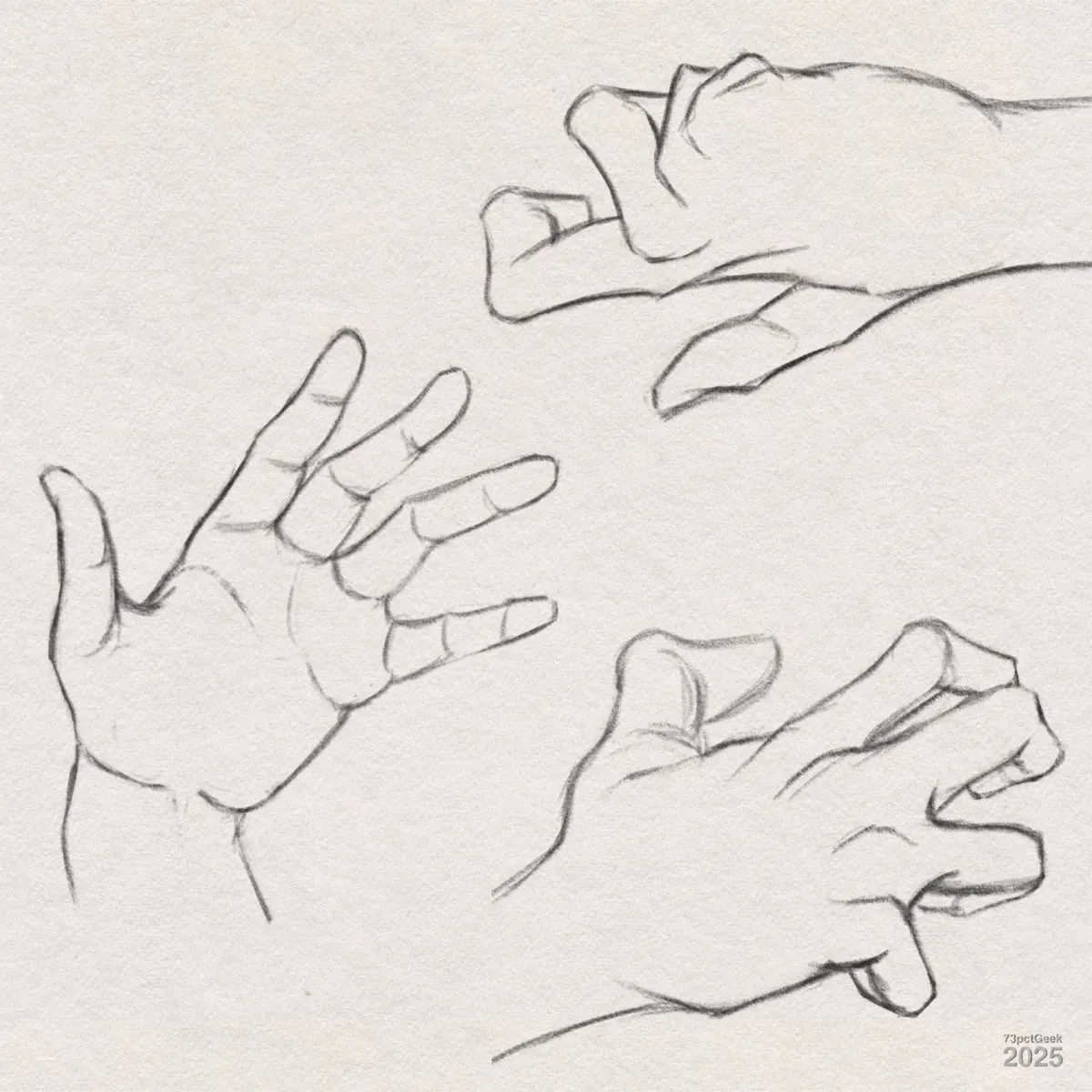 Digital graphite sketches of three different hands.