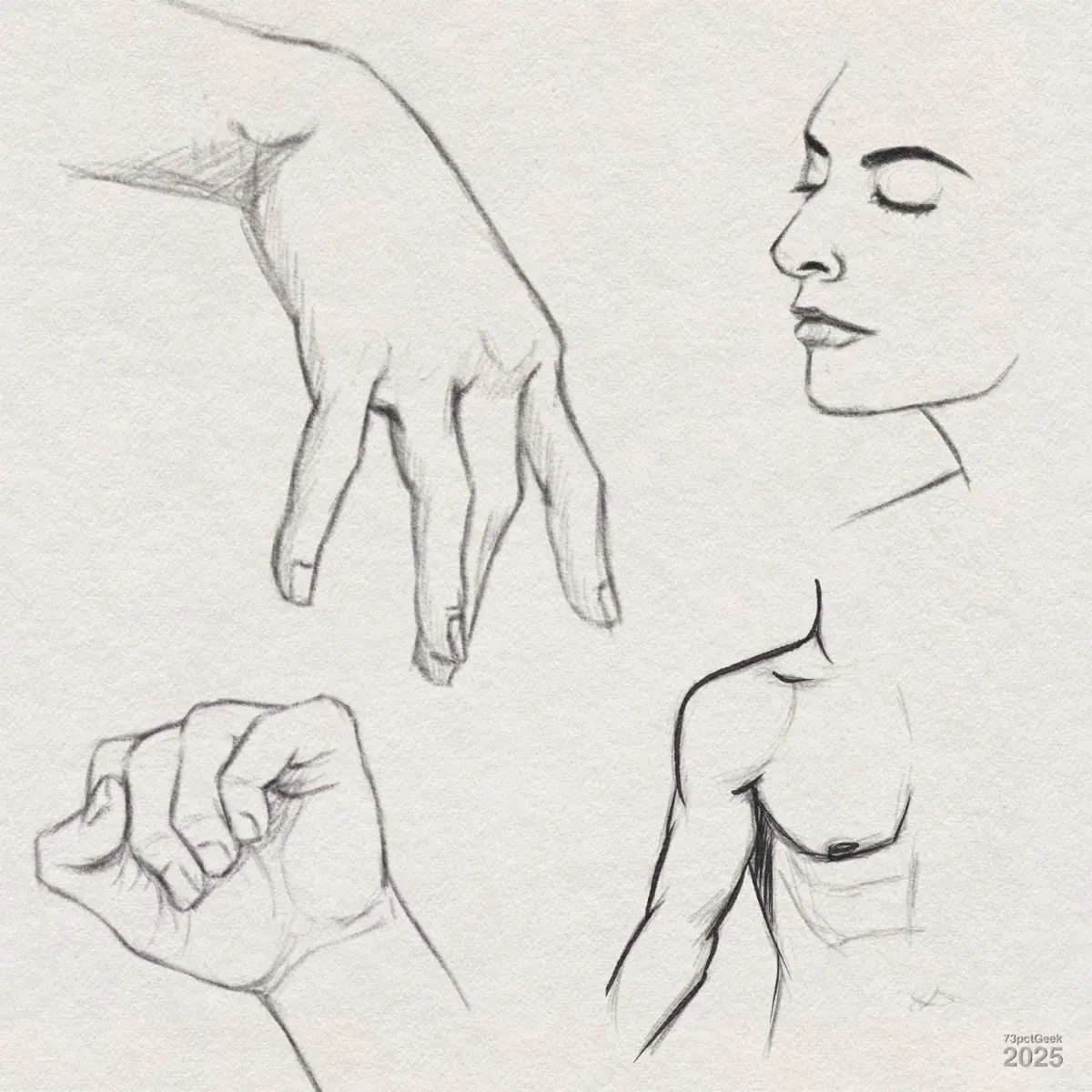 Digital graphite and ink sketches of two different hands, a face in profile, and part of a male bodied torso.