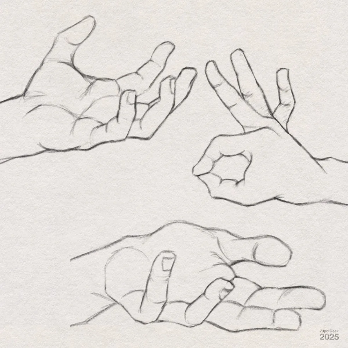 Digital graphite sketches of three different hands.