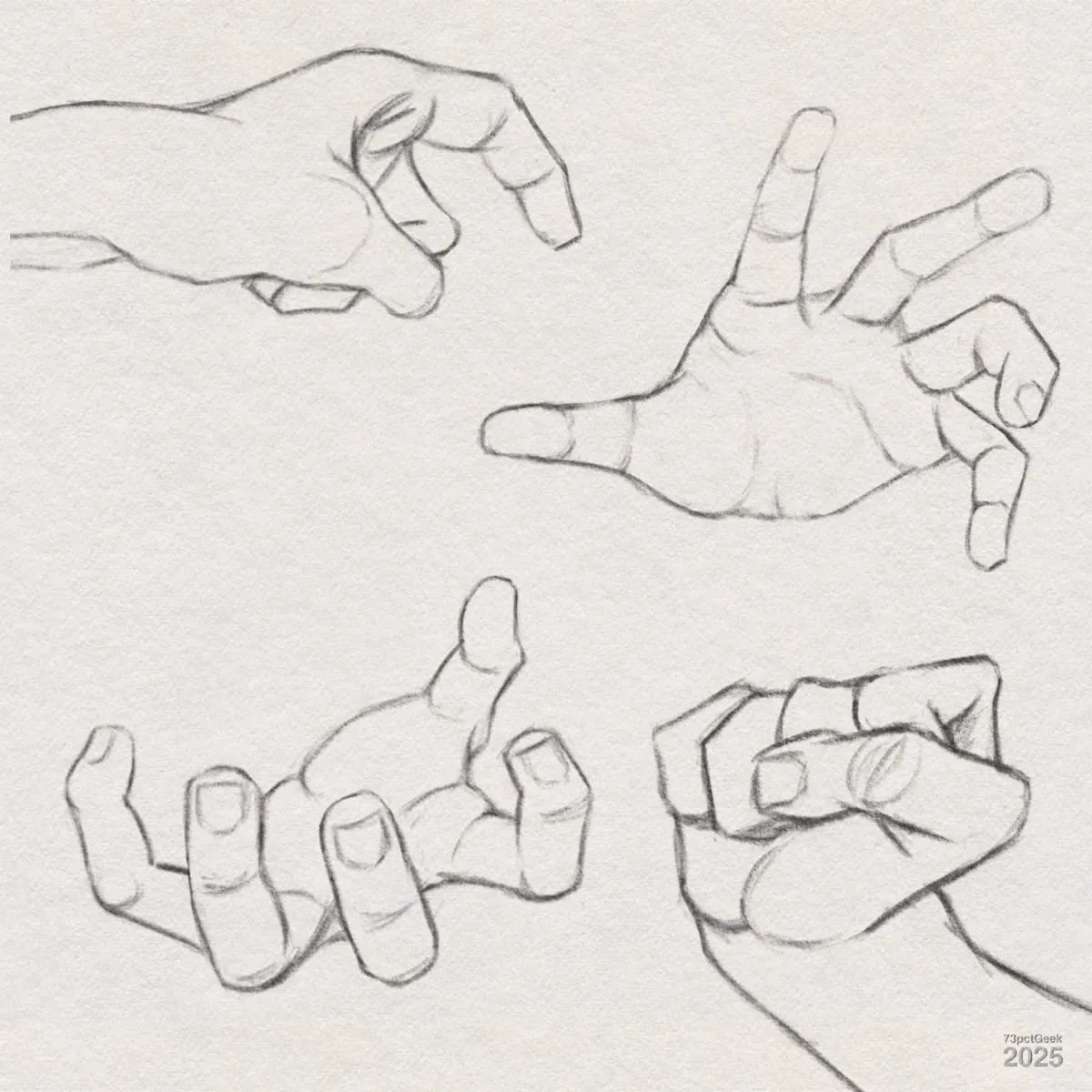 Digital graphite sketches of four different hands.