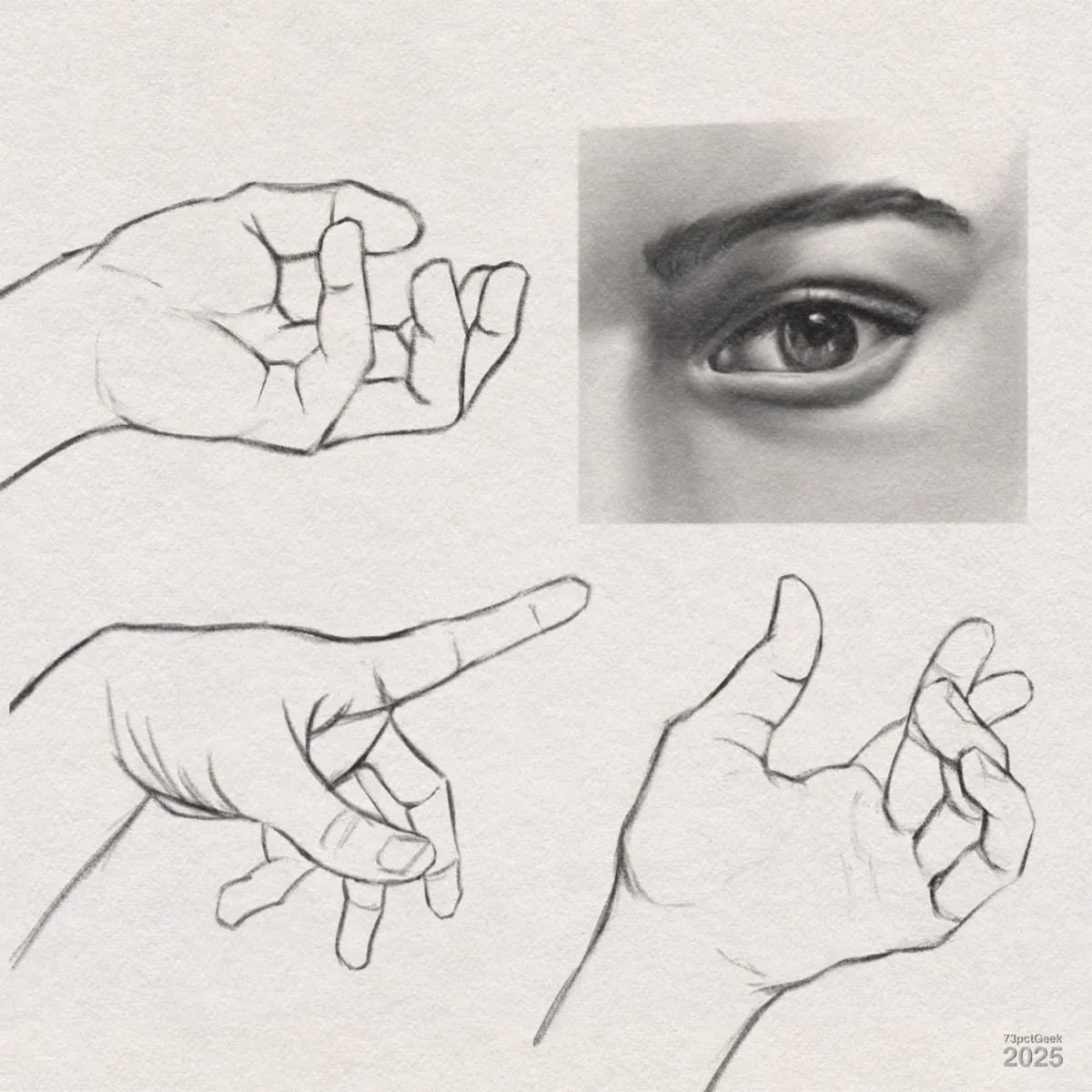 Digital graphite sketches of three different hands, and an eye.