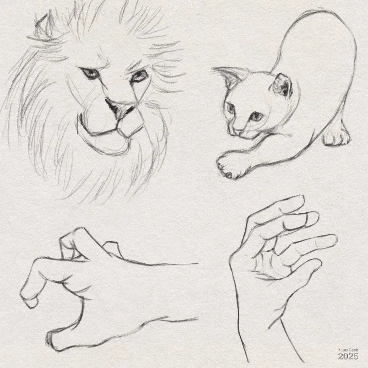 Digital graphite sketches of a lions head, a cat stretching out its paw, and two different hands.