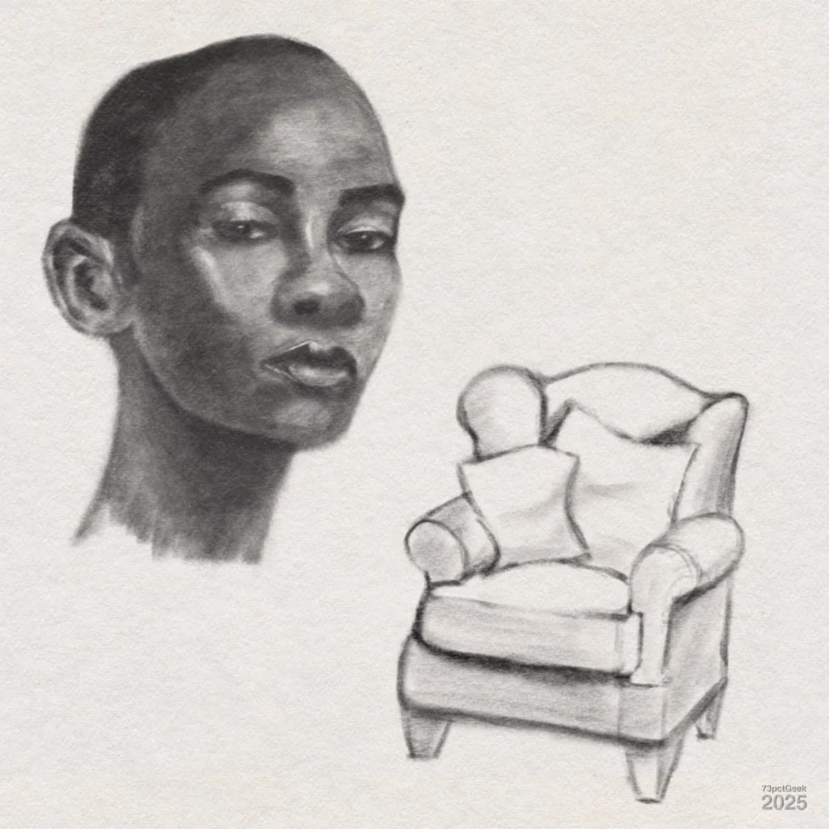 Digital graphite sketch of a head, and an armchair.