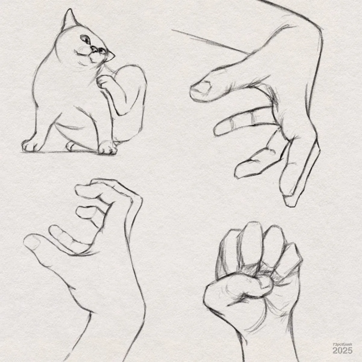 Digital graphite sketches of three different hands , and a cat scratching its head.