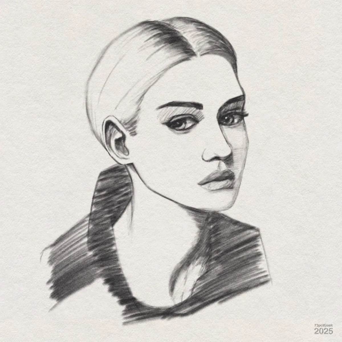 Digital pencil sketch portrait of a woman with light, straight hair parted in the middle and tucked behind her ears. She has defined eyebrows, large eyes with long lashes, and full lips. Her expression is neutral, and she is wearing a dark-collared garment. The shading is soft, and the background is plain.