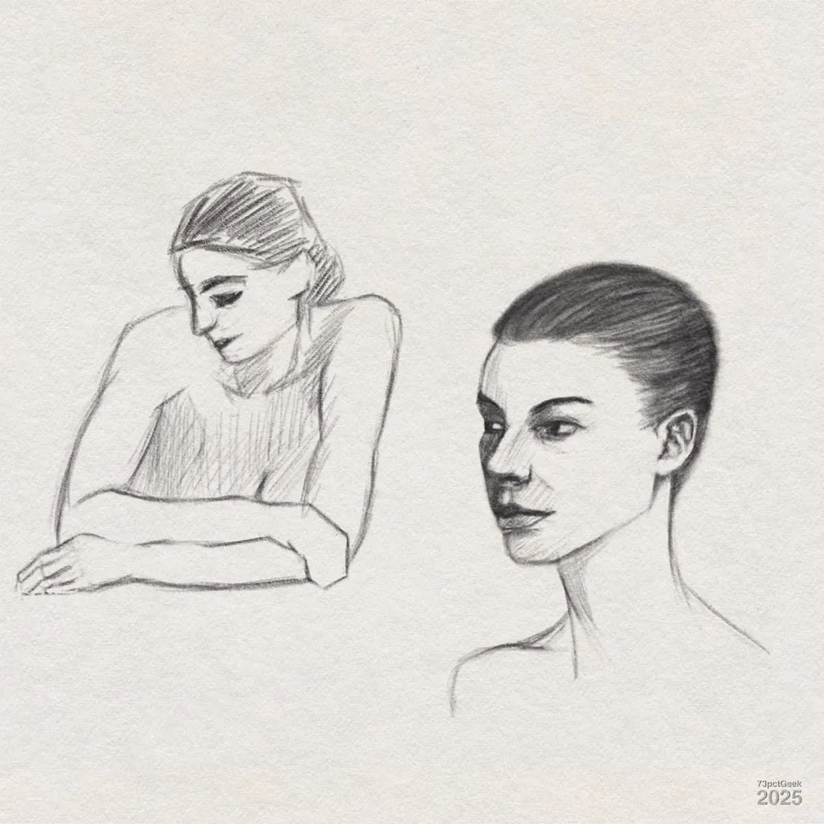 Digital graphite sketches of a woman, shown in two different poses on a textured, off-white paper background. On the left, the woman is depicted with her head tilted down and arms crossed, giving a contemplative or relaxed impression. On the right, there is a more detailed portrait of the same woman, facing slightly to the left, with her hair pulled back and a calm expression